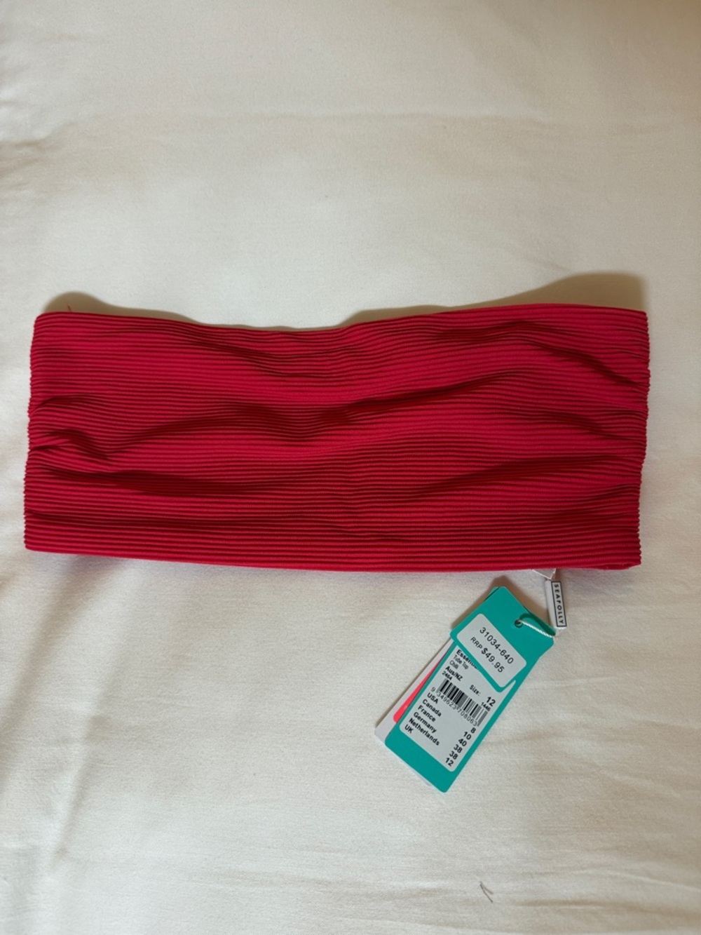 Seafolly Ribbed Bandeau Bikini Top in Red